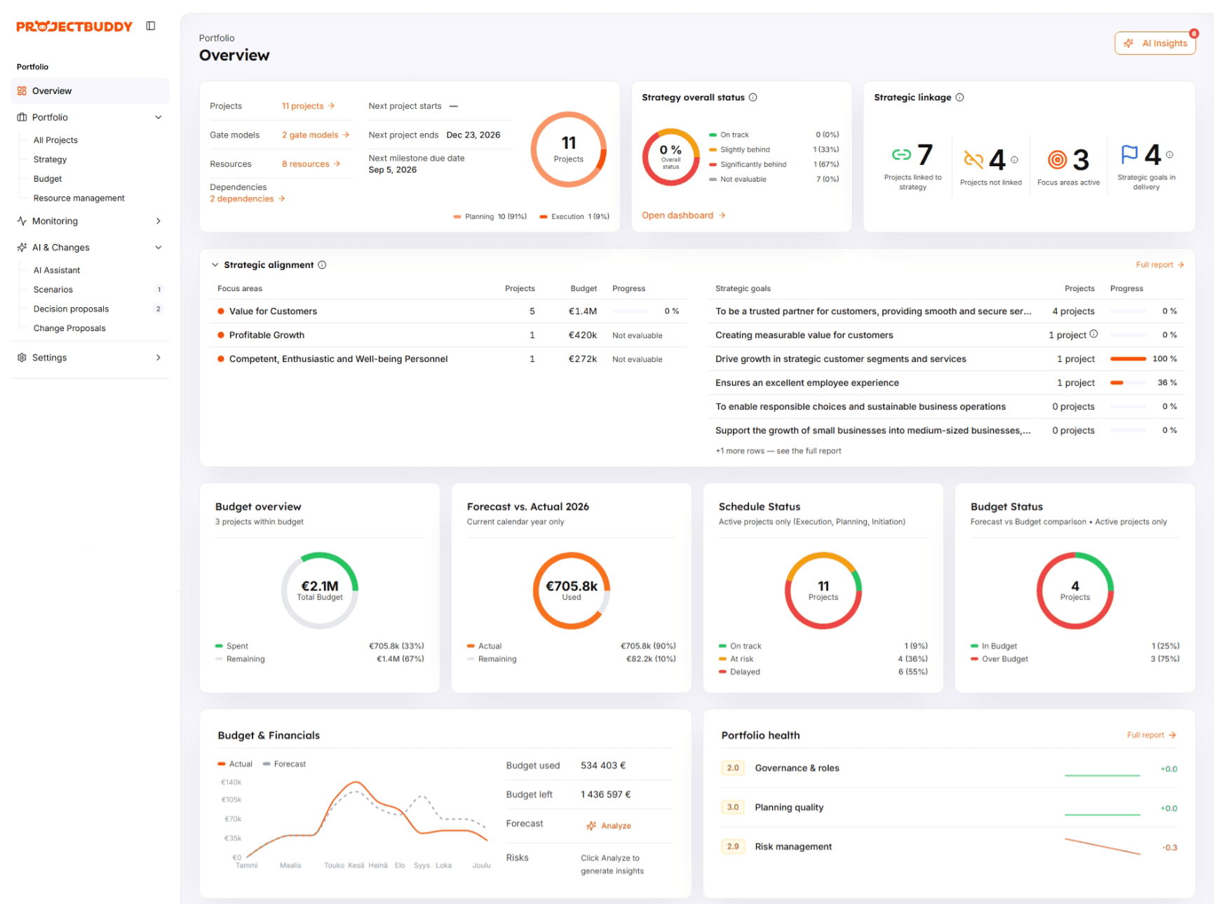 ProjectBuddy Portfolio Overview: projects, strategy status, strategic linkage, budget and schedule status in one view.